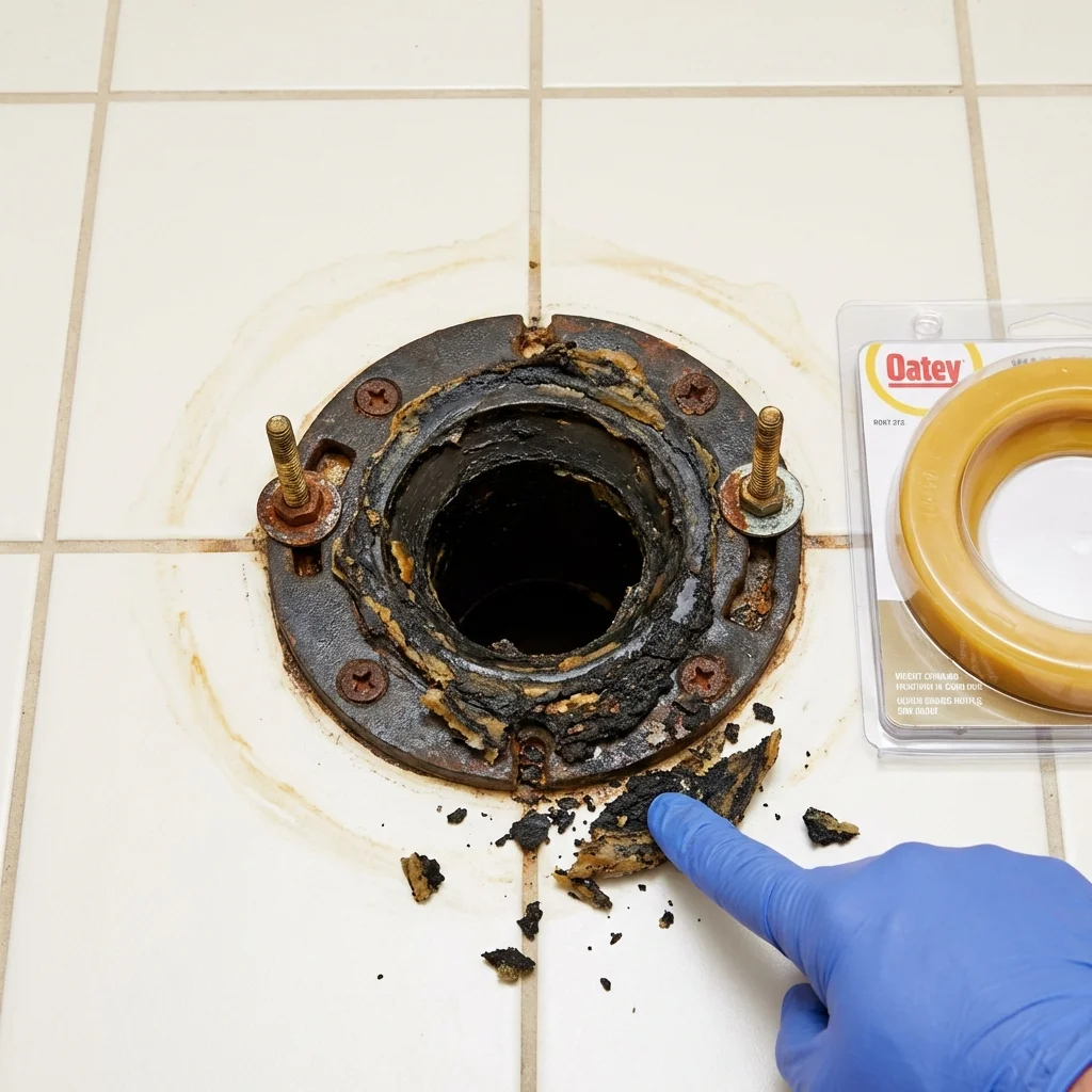 Failed wax ring showing water seepage at the base of a toilet in a Coalgate, OK home