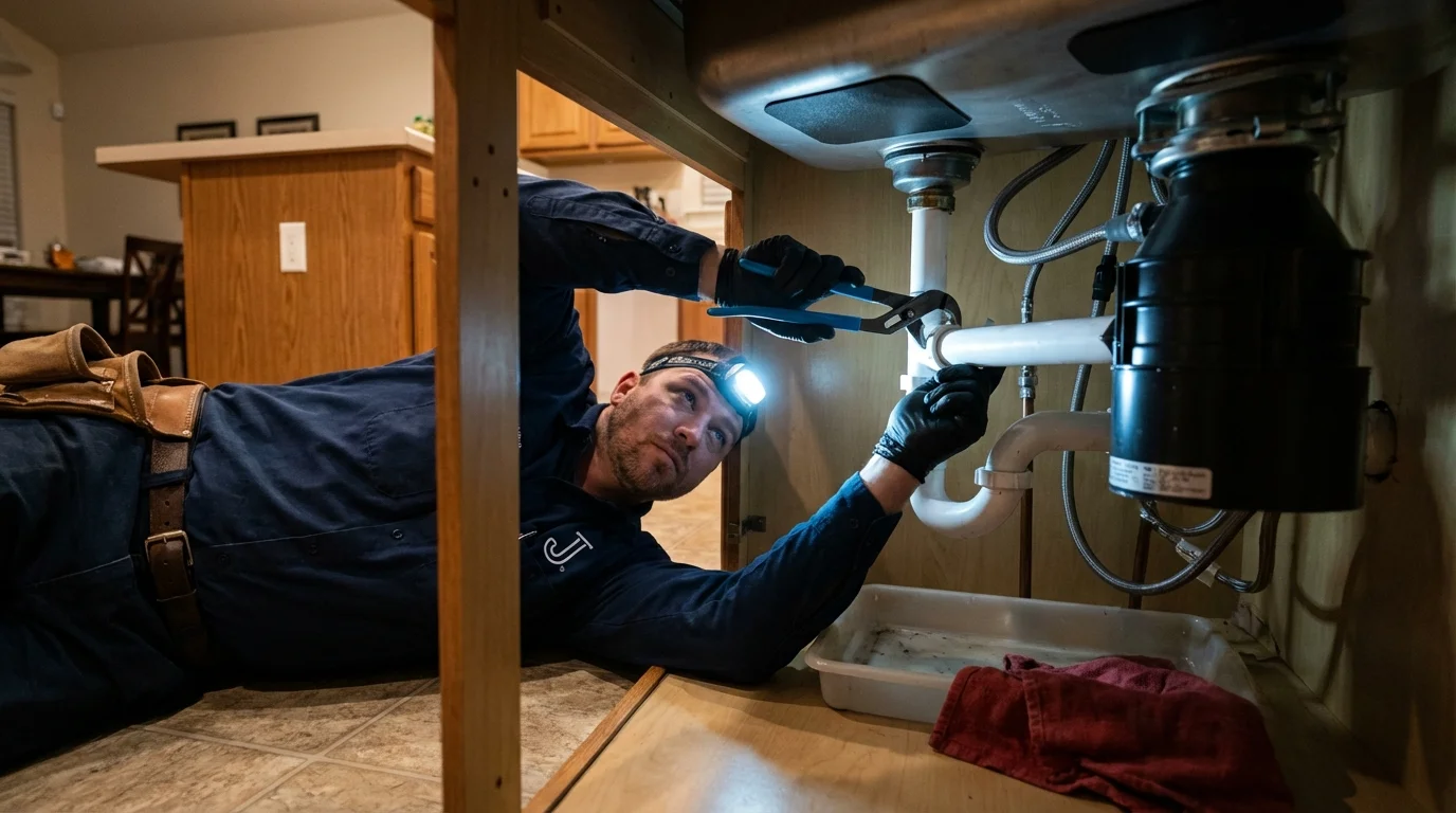 P-trap and supply line connections under a kitchen sink showing a common leak point in Coalgate, OK